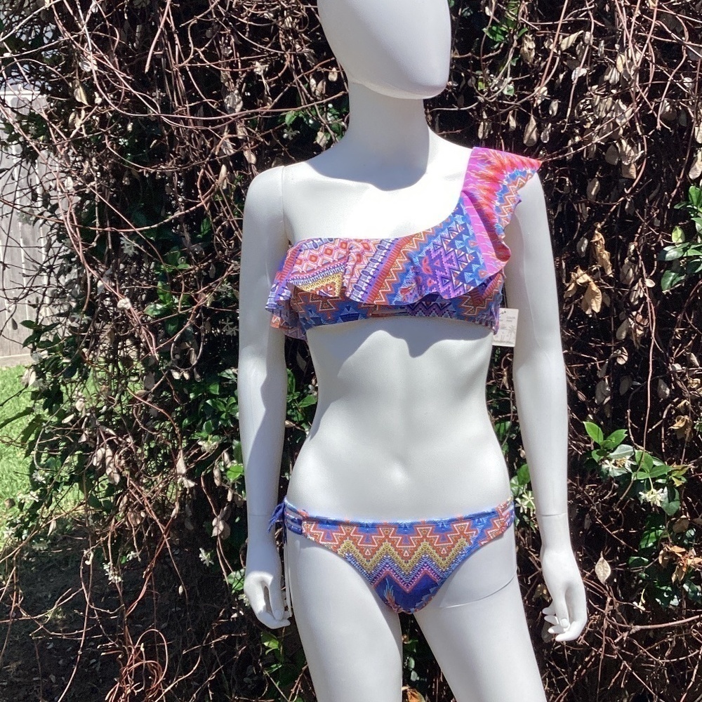 NWT TiniBikini Swimwear 2 Piece Southwestern Print One Shoulder Ruffle